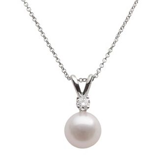 PearLustre by Imperial 18k White Gold 1/10 ct T.W. Diamond and AA Akoya Cultured Pearl Pendant 16 in