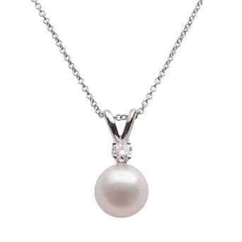 PearLustre by Imperial 18k White Gold 1/10 ct T.W. Diamond and AA Akoya Cultured Pearl Pendant 16 in
