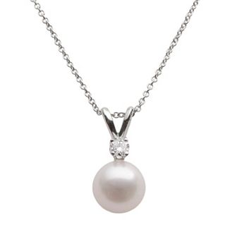 PearLustre by Imperial 18k White Gold 1/10 ct T.W. Diamond and AA Akoya Cultured Pearl Pendant - 18 in