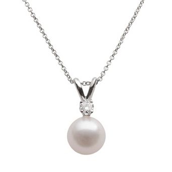 PearLustre by Imperial 18k White Gold 1/10 ct T.W. Diamond and AA Akoya Cultured Pearl Pendant - 18 in