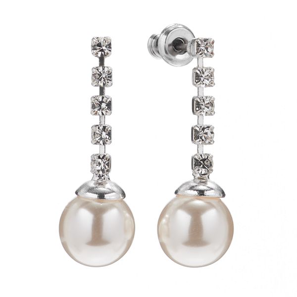 Silver Tone Simulated Pearl & Simulated Crystal Linear Drop Earrings