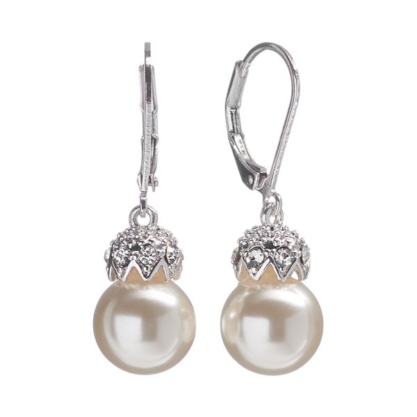 Silver Tone Simulated Pearl & Simulated Crystal Drop Earrings