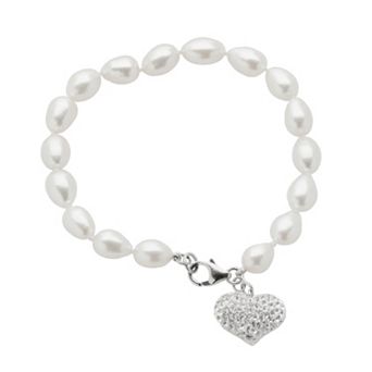 PearLustre by Imperial Sterling Silver Freshwater Cultured Pearl and Crystal Heart Charm Bracelet