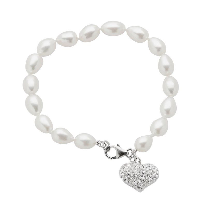 Sterling Silver Freshwater Cultured Pearl and Crystal Heart Charm Bracelet