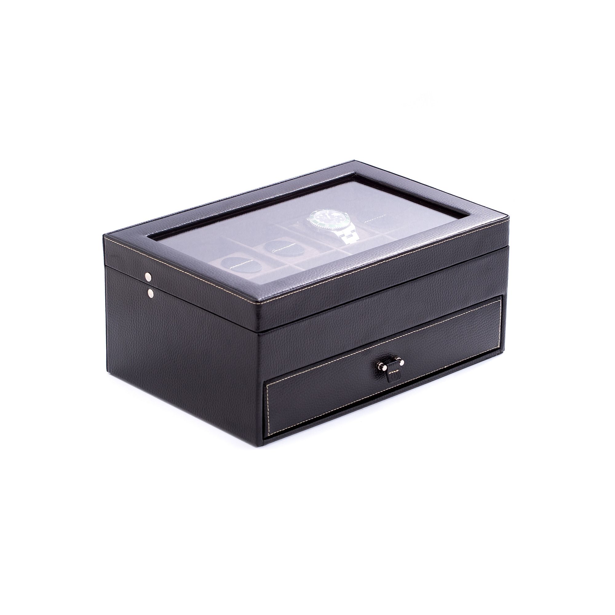 Leather Watch Storage Case with Drawer, Black