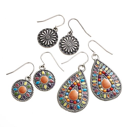 Mudd® Silver Tone Beaded & Textured Disc Drop Earring Set