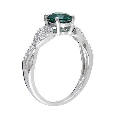 Stella Grace Lab-Created Emerald and 1/10 Carat T.W. Diamond Engagement Ring in 10k White Gold