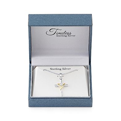 Timeless Sterling Silver Two Tone Cubic Zirconia Cross and Heart Pendant