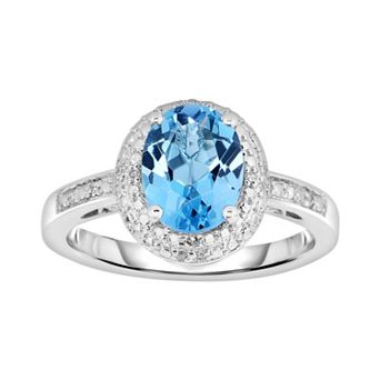 Oro Leoni Sterling Silver Blue Topaz and Diamond Accent Oval Halo Ring