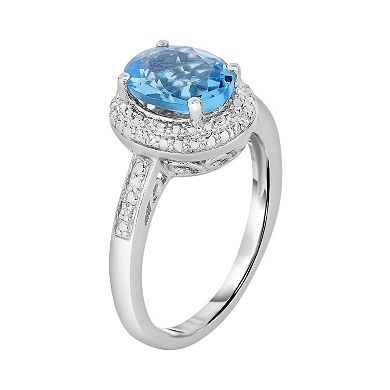 Sterling Silver Blue Topaz and Diamond Accent Oval Halo Ring