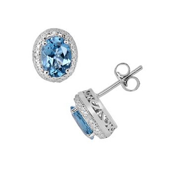 Oro Leoni Sterling Silver Blue Topaz and Diamond Accent Oval Halo Stud Earrings
