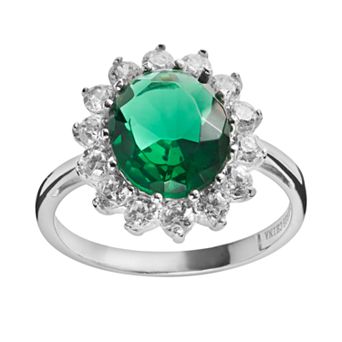 Sophie Miller Sterling Silver Simulated Emerald & Cubic Zirconia Halo Ring