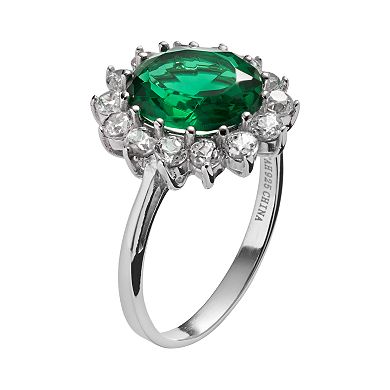 Sophie Miller Sterling Silver Simulated Emerald and Cubic Zirconia Halo Ring