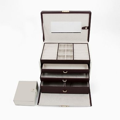 Bey-Berk Ivory and Brown Leather Jewelry Box and Travel Case Set