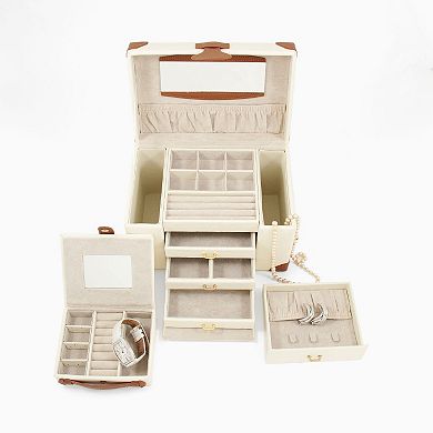 Bey-Berk Ivory Leather Jewelry Box, Travel Case and Valet Tray Set