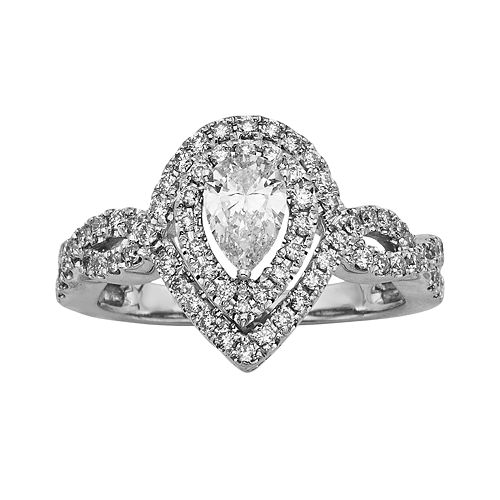 Pear-Cut IGL Certified Diamond Halo Engagement Ring in 14k White Gold ...