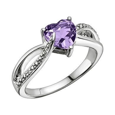 Sterling Silver Amethyst and Diamond Accent Heart Bypass Ring