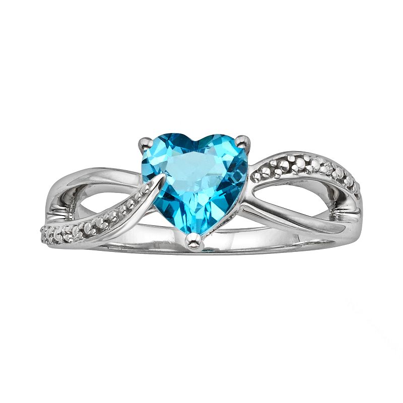 Sterling Silver Blue Topaz and Diamond Accent Heart Bypass Ring, Womens, S