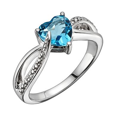 Sterling Silver Blue Topaz and Diamond Accent Heart Bypass Ring