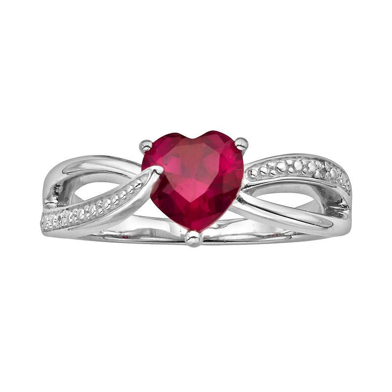 Sterling Silver Lab-Created Ruby and Diamond Accent Heart Bypass Ring, Wome