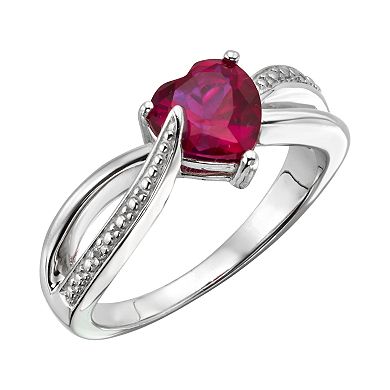 Sterling Silver Lab-Created Ruby and Diamond Accent Heart Bypass Ring