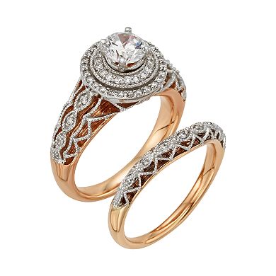 Diamonds And Lace Round-Cut IGL Certified Diamond Halo Engagement Ring Set in 14k Rose Gold and 14k White Gold (9/10 ct. T.W.)