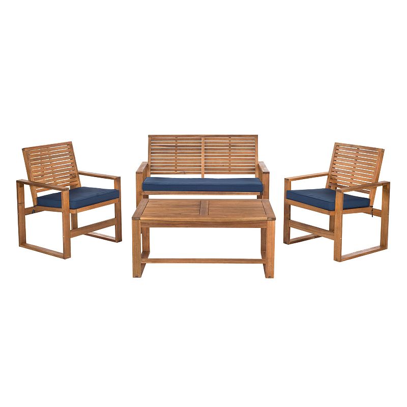 SAFAVIEH Ozark Outdoor Patio 4 Piece Conversation Set  Brown/Navy