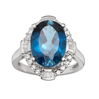 Sterling Silver London Blue Topaz & Lab-Created White Sapphire Scalloped Oval Halo Ring