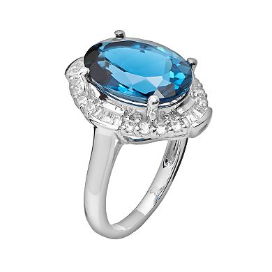 Sterling Silver London Blue Topaz and Lab-Created White Sapphire Scalloped Oval Halo Ring
