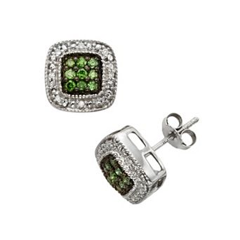 Jewelexcess Sterling Silver 1/3 ct T.W. Green and White Diamond Square Halo Stud Earrings