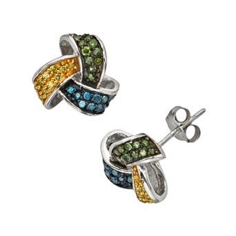 Jewelexcess Sterling Silver 1/2 ct T.W. Yellow, Green and Blue Diamond Knot Stud Earrings
