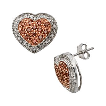 Jewelexcess Sterling Silver 1/2 ct T.W. Red and White Diamond Heart Stud Earrings