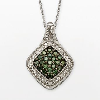 Jewelexcess Sterling Silver 1/3 ct T.W. Green and White Diamond Square Halo Pendant