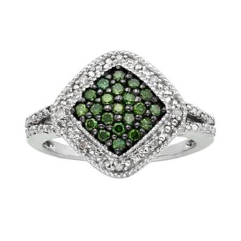 Jewelexcess Sterling Silver 1/3 ct T.W. Green and White Diamond Square Halo Ring