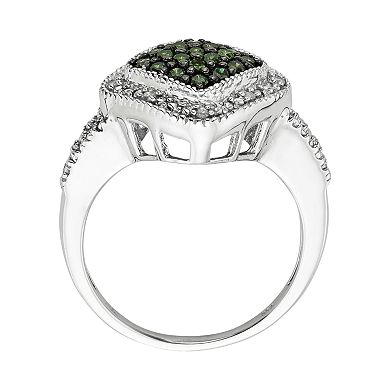 Jewelexcess Sterling Silver 1/3-ct. T.W. Green and White Diamond Square Halo Ring