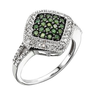 Jewelexcess Sterling Silver 1/3-ct. T.W. Green and White Diamond Square Halo Ring