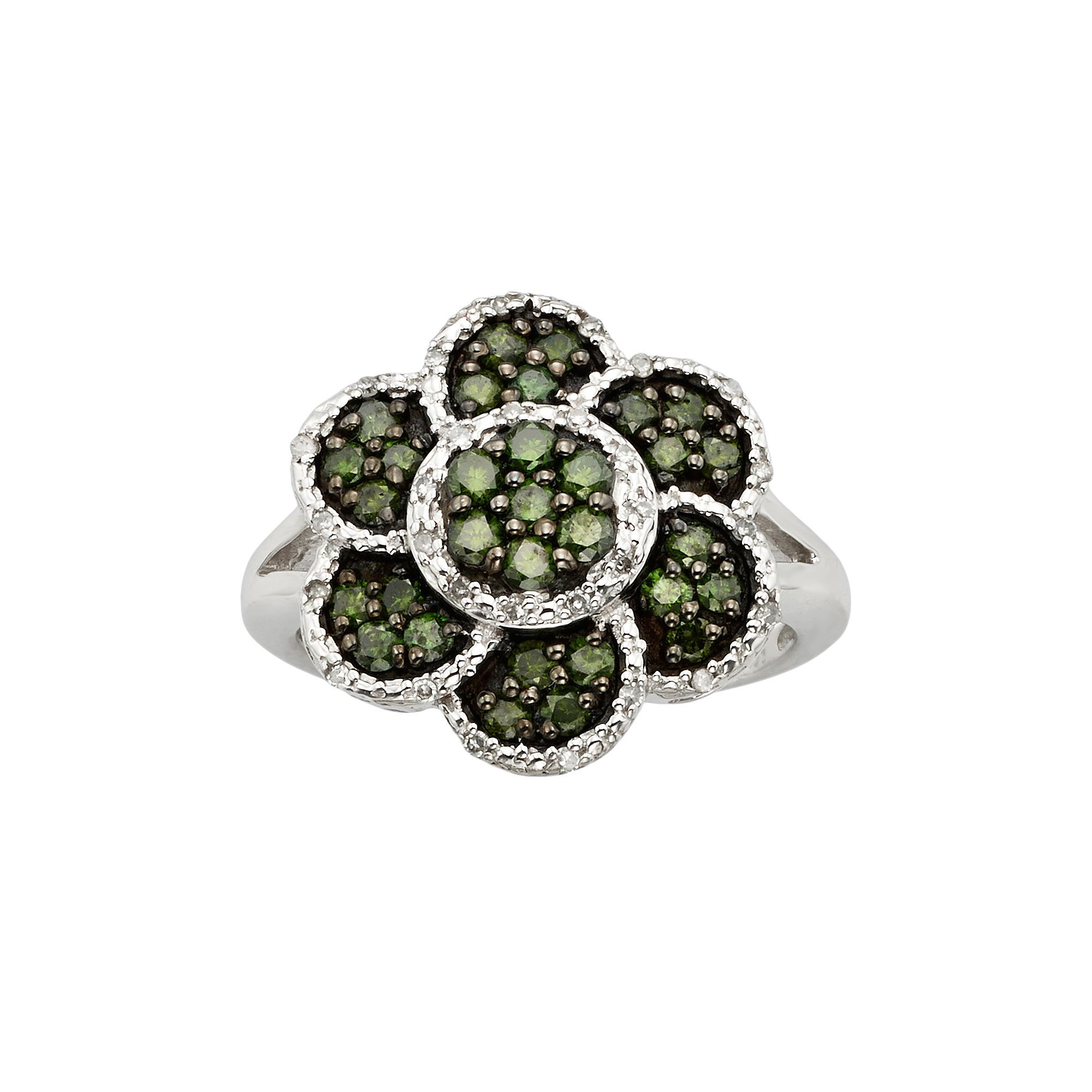 Jewelexcess Sterling Silver 1-ct. T.W. Green and White Diamond Flower Ring,