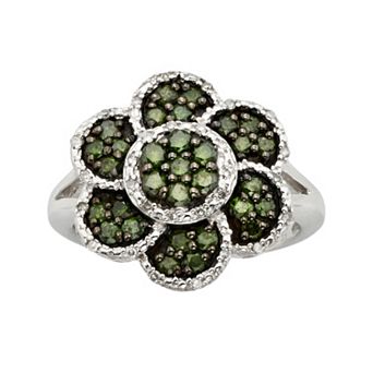 Jewelexcess Sterling Silver 1 ct T.W. Green and White Diamond Flower Ring