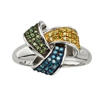 Jewelexcess Sterling Silver 1/2 ct T.W. Blue, Yellow and Green Diamond Love Knot Ring