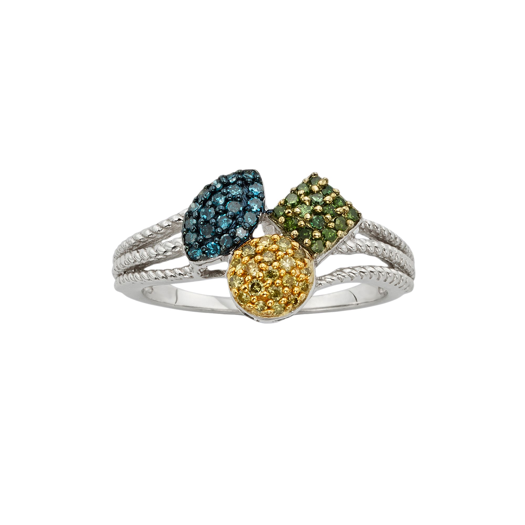 Jewelexcess Sterling Silver 1/4-ct. T.W. Blue, Yellow and Green Diamond Rin