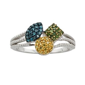 Jewelexcess Sterling Silver 1/4 ct T.W. Blue, Yellow and Green Diamond Ring