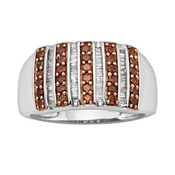 Jewelexcess Sterling Silver 1/2 ct T.W. Red and White Diamond Striped Ring