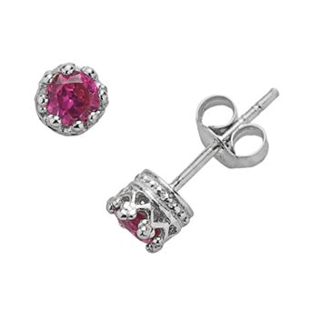 Junior Jewels Kids Sterling Silver Lab-Created Ruby Crown Stud Earrings