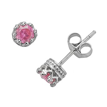 Junior Jewels Kids Sterling Silver Lab-Created Pink Sapphire Crown Stud Earrings