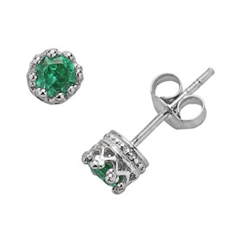 Junior Jewels Kids Sterling Silver Lab-Created Emerald Crown Stud Earrings