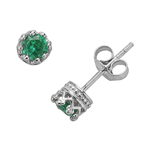 Junior Jewels Sterling Silver Lab-Created Emerald Crown Stud Earrings