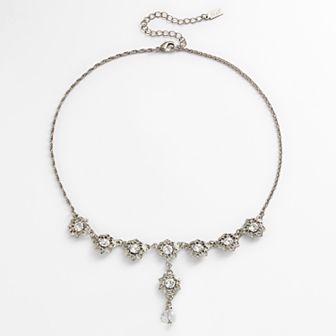 1928 Silver Tone Simulated Crystal Flower Y Necklace