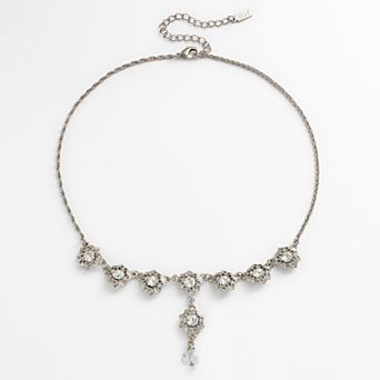 1928 Silver Tone Simulated Crystal Flower Y Necklace