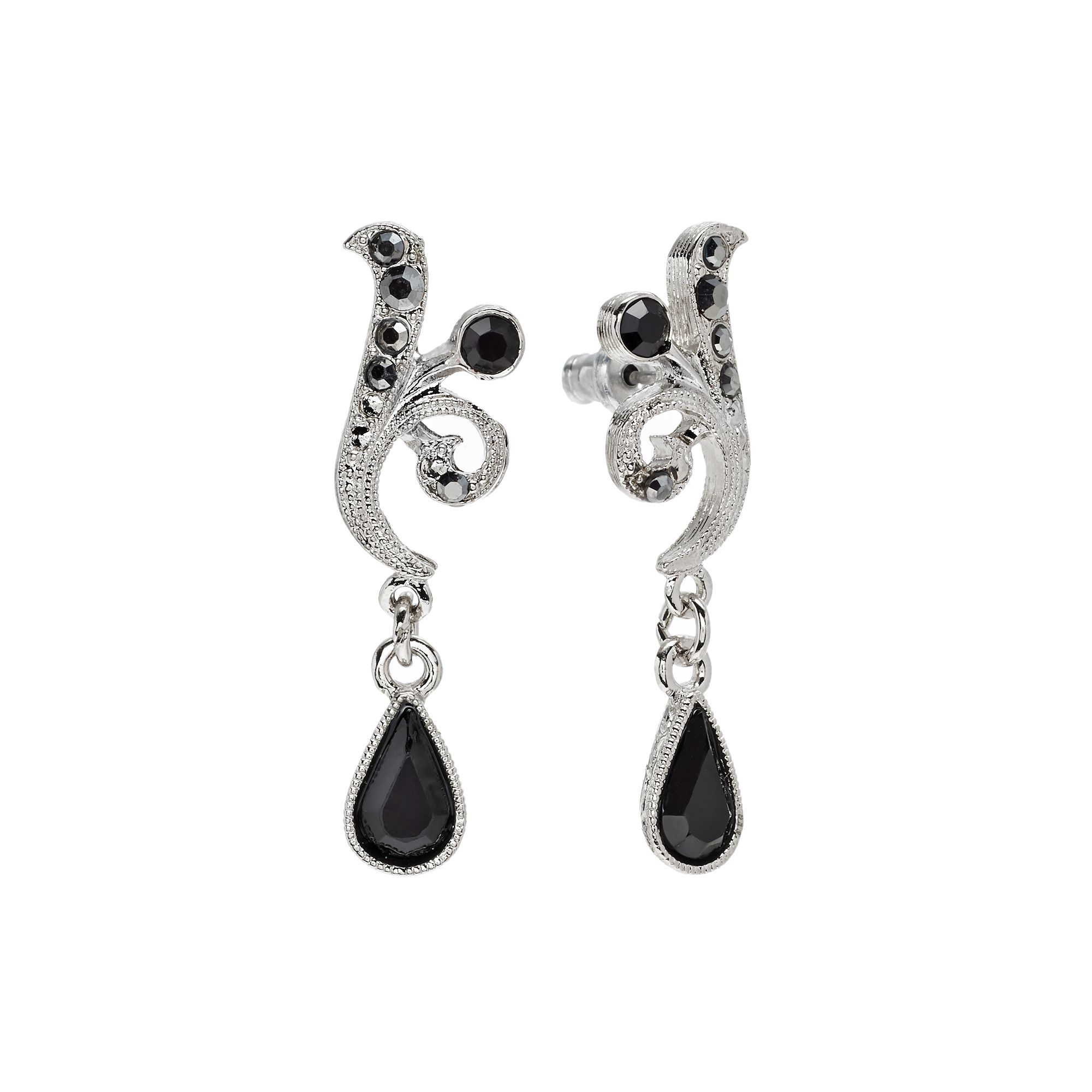 1928 Silver Tone Simulated Crystal Drop Earrings, Womens, Black