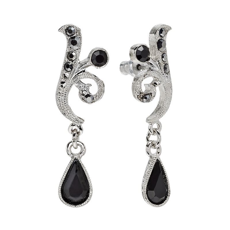 1928 Silver Tone Simulated Crystal Drop Earrings, Womens, Black